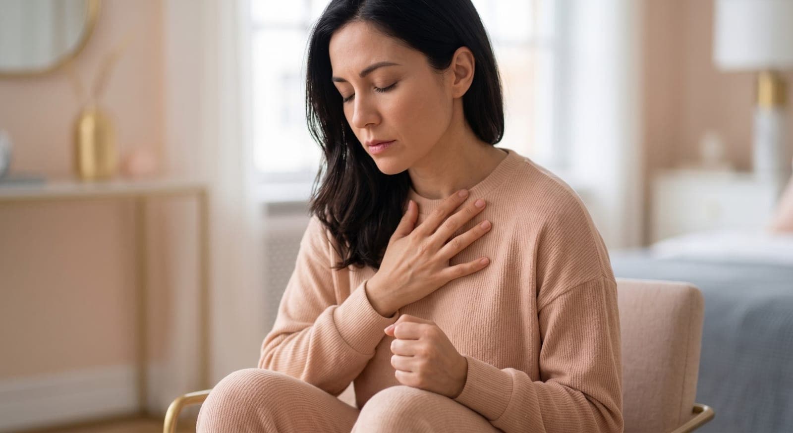 Mujer sentada con los ojos cerrados y una mano sobre el pecho, atenta a su respiración.